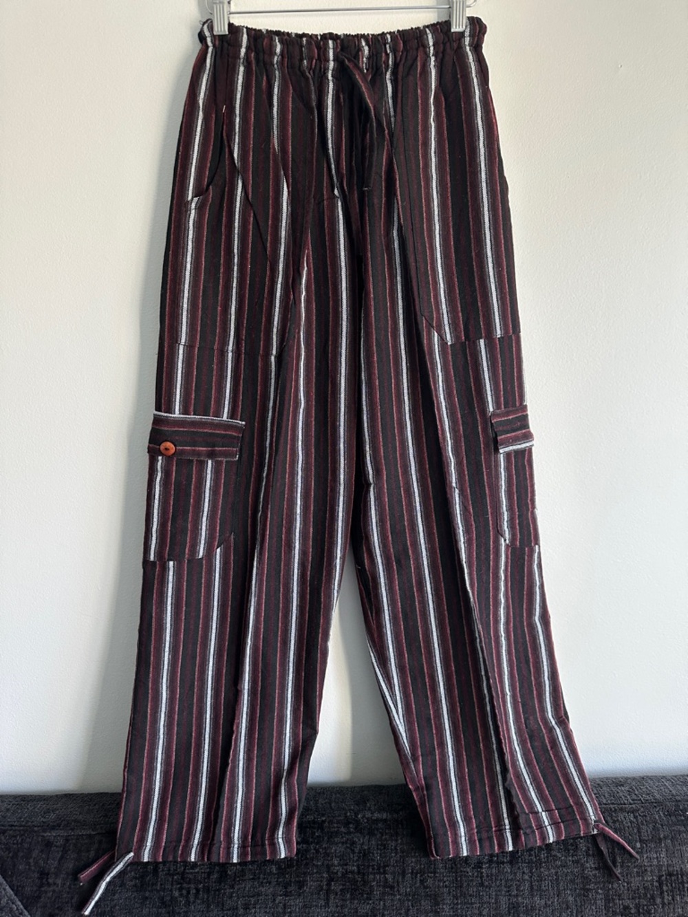 Peru/Ecuador Handmade‎ Burgundy Cotton Boho Striped Pants Joggers Unisex Large
